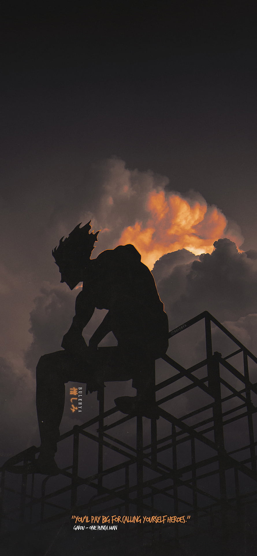 Saitama One Punch Man Silhouette Sitting on Scaffolding Against Dramatic Sunset Sky, One punch man, garou, saitama, opm, genos, onepunchman HD phone wallpaper