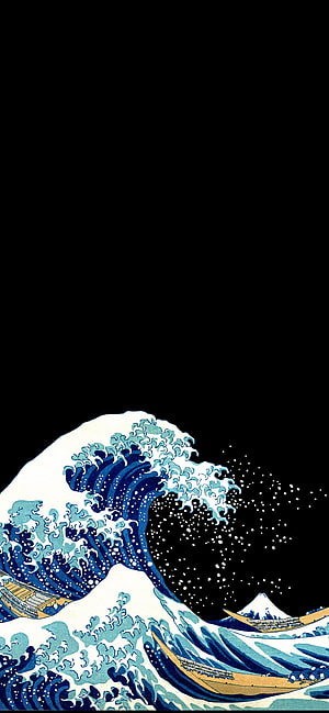 Great Wave off Kanagawa Japanese Ukiyo-e Print on Black Background HD phone wallpaper