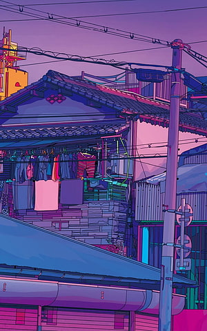 Neon Purple Tokyo Alleyway with Laundry Lines and Traditional Roofs in Digital Art Style HD phone wallpaper