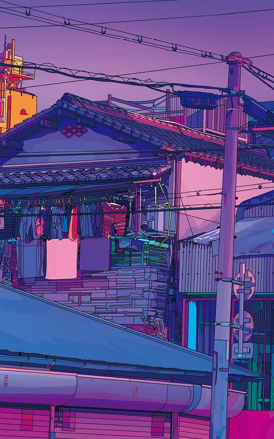 Neon Purple Tokyo Alleyway with Laundry Lines and Traditional Roofs in Digital Art Style HD phone wallpaper