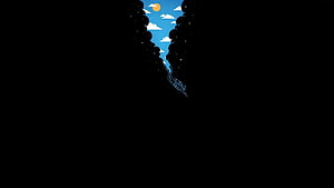 Minimalist Illustration of a Figure Falling Through a Dark Void Into a Bright Blue Sky HD wallpaper