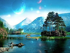 Surreal alien landscape with a deer grazing by a mountain lake under a glowing blue planet HD wallpaper