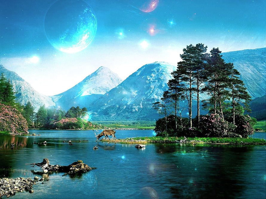 Surreal alien landscape with a deer grazing by a mountain lake under a glowing blue planet HD wallpaper