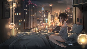 Anime Girl Sitting On Bed Looking Out Window At Night City Skyline HD wallpaper