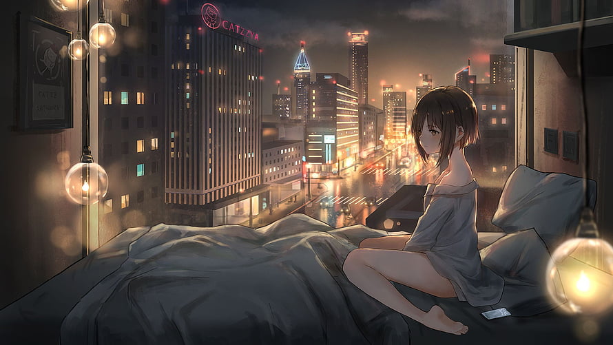 Anime Girl Sitting On Bed Looking Out Window At Night City Skyline HD wallpaper