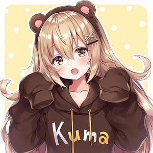 Kawaii Anime Girl in Brown Bear Hoodie with Blonde Hair and Hair Clips HD phone wallpaper