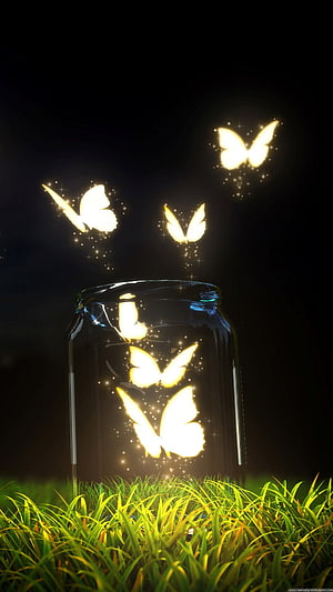 Glowing Fireflies Emerging From Glass Jar In Lush Green Grass At Night HD phone wallpaper