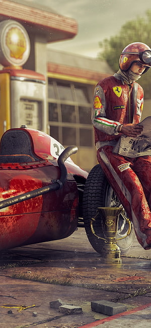 Retro Ferrari Formula 1 Driver with Vintage Race Car and Trophy HD phone wallpaper