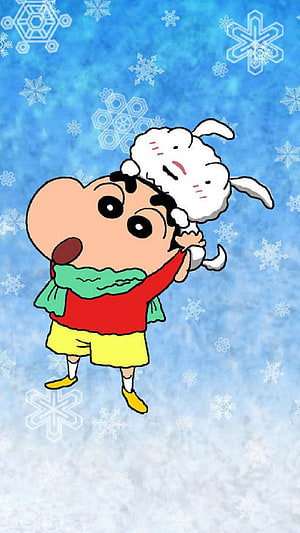 Crayon Shin-chan and Shiro in a Winter Snowscape with Falling Snowflakes HD phone wallpaper