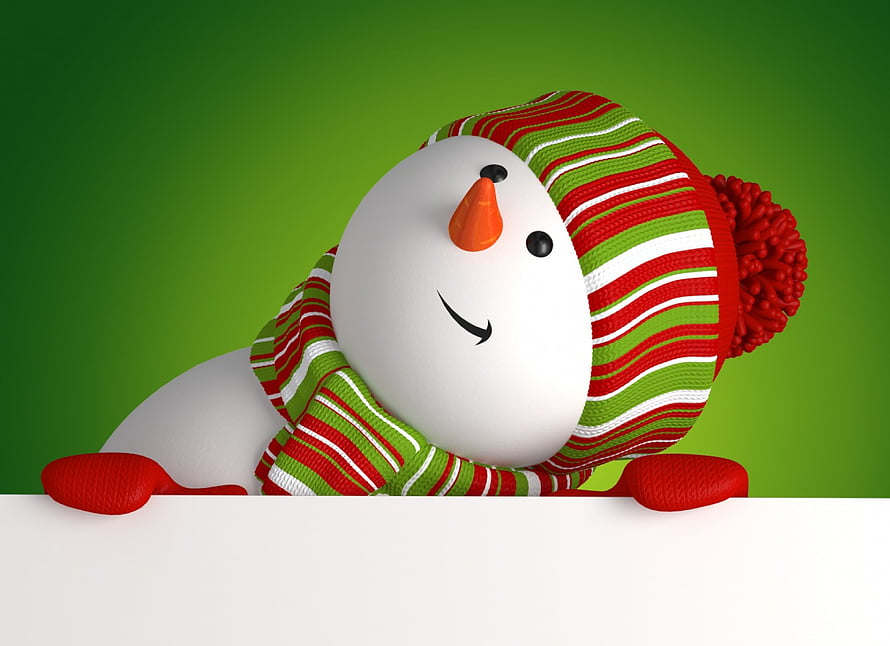 Cute 3D Snowman Wearing Striped Knit Hat and Scarf on Green Background, Happy Holidays, snowman, holidays, merry christmas, christmas, magic christmas, xmas HD wallpaper