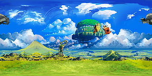 Vibrant Fantasy Landscape with Floating Island and Airships in Anime Style HD wallpaper