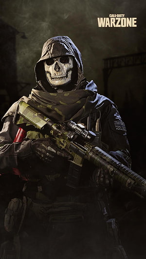 Ghost from Call of Duty Warzone in tactical gear holding a rifle with a skull mask and hood HD phone wallpaper