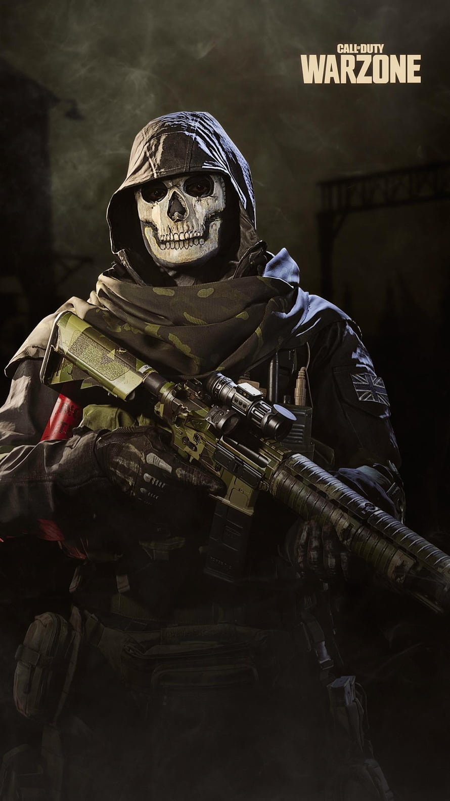 Ghost from Call of Duty Warzone in tactical gear holding a rifle with a skull mask and hood HD phone wallpaper