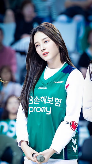 Nancy from Momoland in Green Hummel Sports Jersey Holding Microphone HD phone wallpaper
