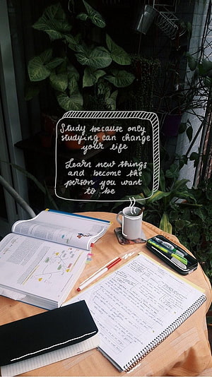 Cozy Study Desk Setup With Open Books, Handwritten Notes, and Steaming Coffee Amidst Lush Green Plants HD phone wallpaper