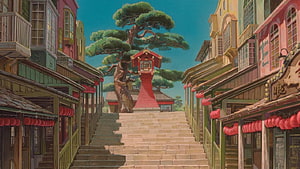 Spirited Away Bathhouse Street Scene with Red Lanterns and Stone Steps HD wallpaper