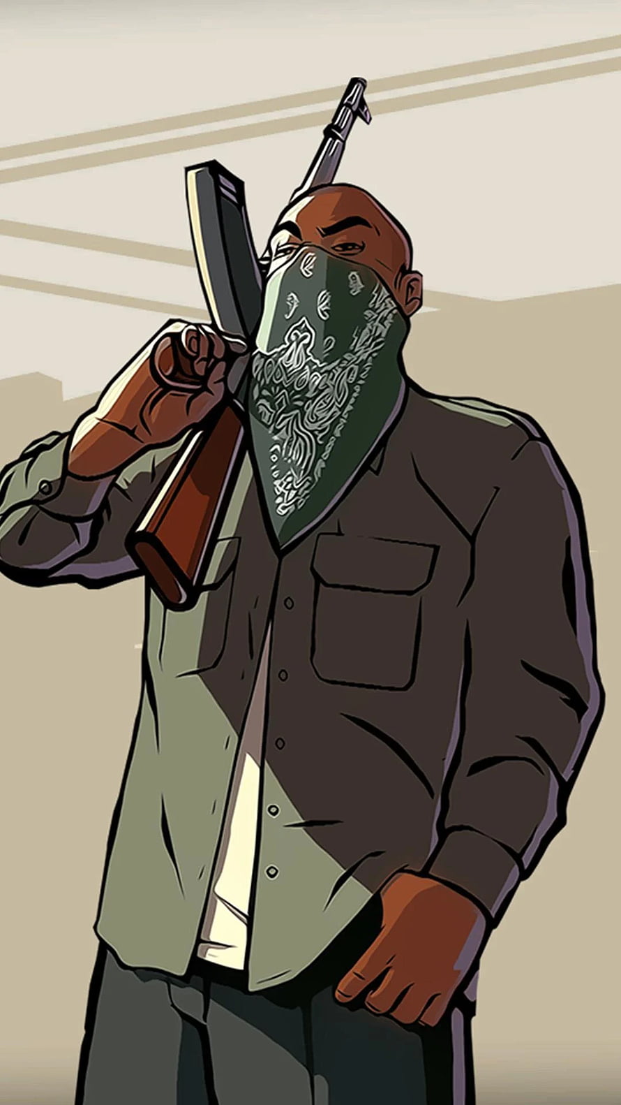 Illustration of a masked man holding a rifle over his shoulder in a gritty urban style, Gta Sa, GTA San Andreas HD phone wallpaper