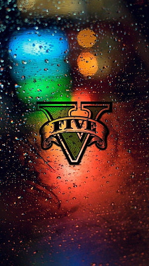 Grand Theft Auto V Logo on Rainy Window with Bokeh Lights HD phone wallpaper
