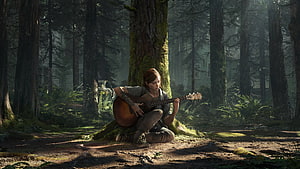 Ellie Playing Guitar in the Forest from The Last of Us Part II HD wallpaper