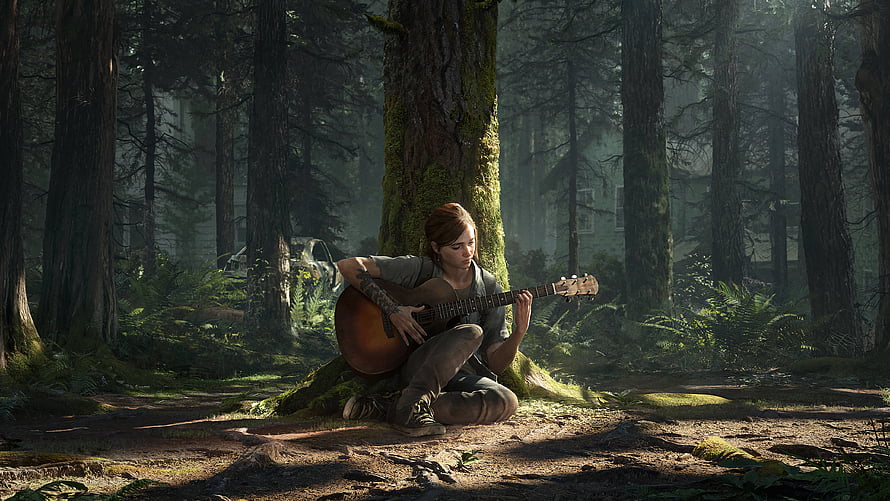 Ellie Playing Guitar in the Forest from The Last of Us Part II HD wallpaper