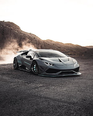 Liberty Walk Lamborghini Huracan Widebody in Matte Grey on Desert Terrain HD phone wallpaper