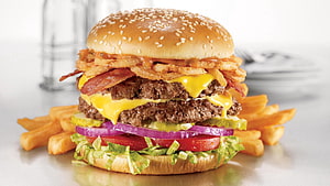 Gourmet Double Cheeseburger With Bacon, Fried Onions, And French Fries HD wallpaper