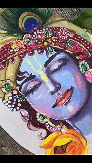Krishna Devotional Portrait with Ornate Jeweled Crown and Peacock Feather HD phone wallpaper