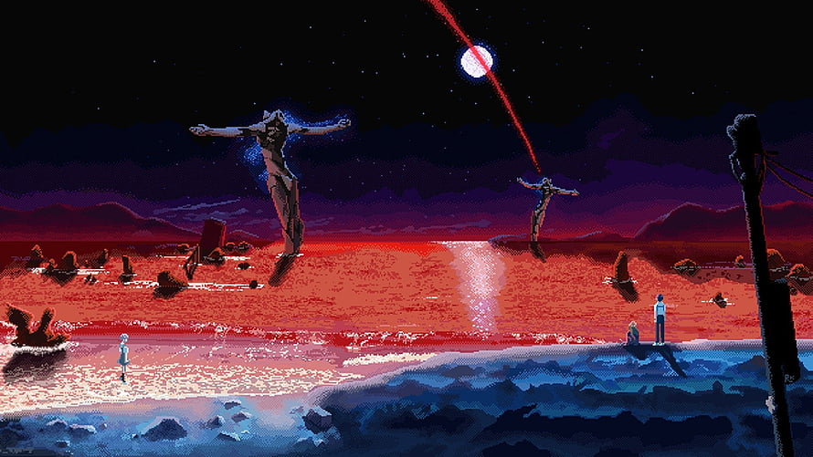 Pixel Art Beach Scene With Giant Floating Figures And Red Moon HD wallpaper