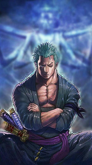 Roronoa Zoro from One Piece Sitting with Crossed Arms and Dual Swords HD phone wallpaper