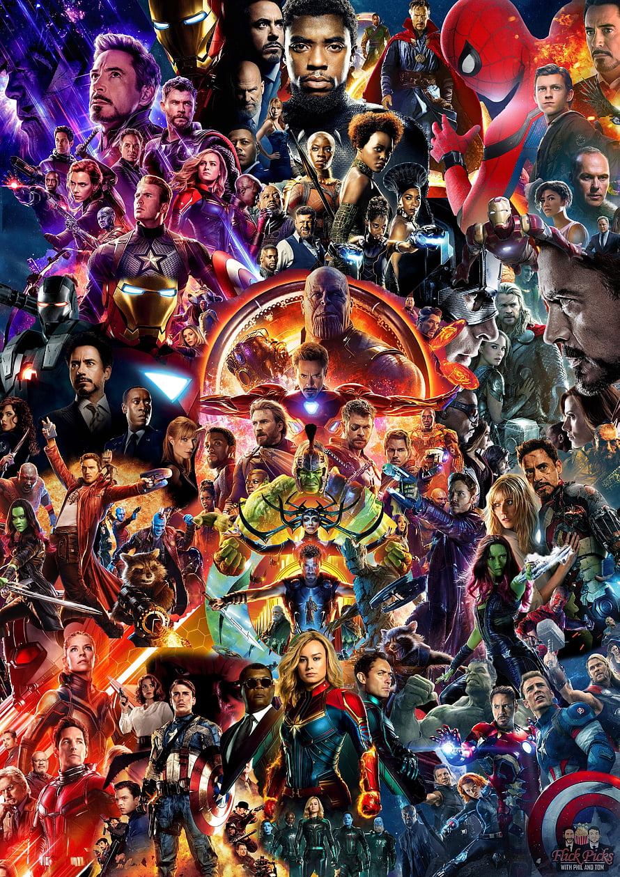 Marvel Cinematic Universe Character Collage Poster Featuring Iron Man, Captain America, and Thor HD phone wallpaper