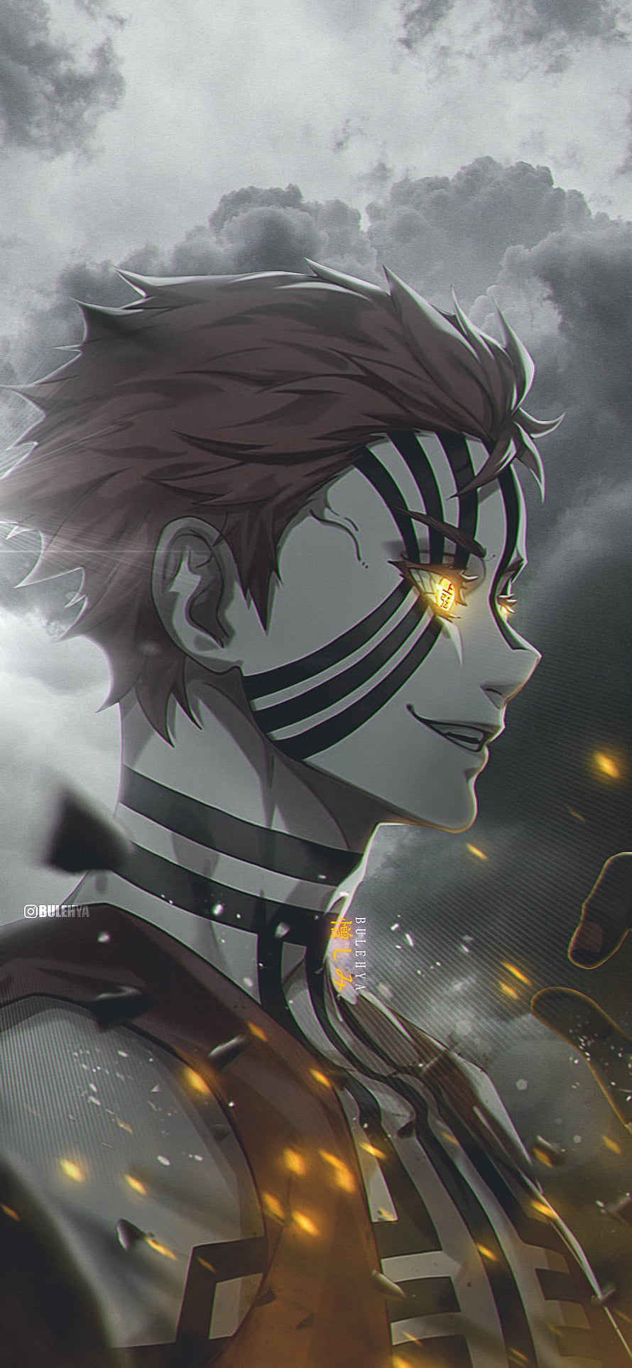 Rengoku Kyojuro Demon Slayer Anime Character Portrait With Glowing Eyes And Dark Stripes HD phone wallpaper
