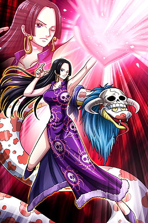 Boa Hancock and Hana in Purple Dress with Skull Patterns from One Piece HD phone wallpaper
