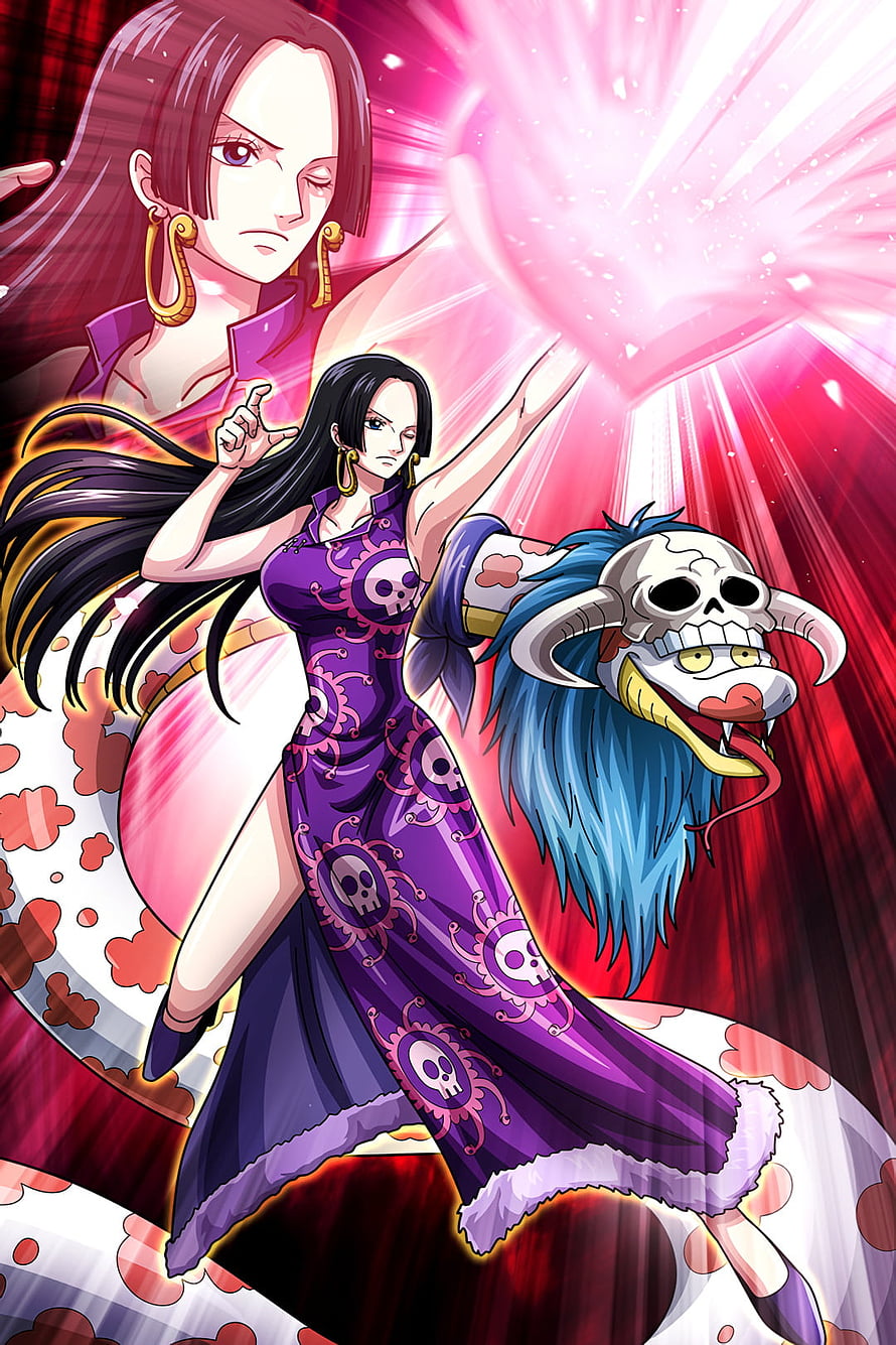 Boa Hancock and Hana in Purple Dress with Skull Patterns from One Piece HD phone wallpaper