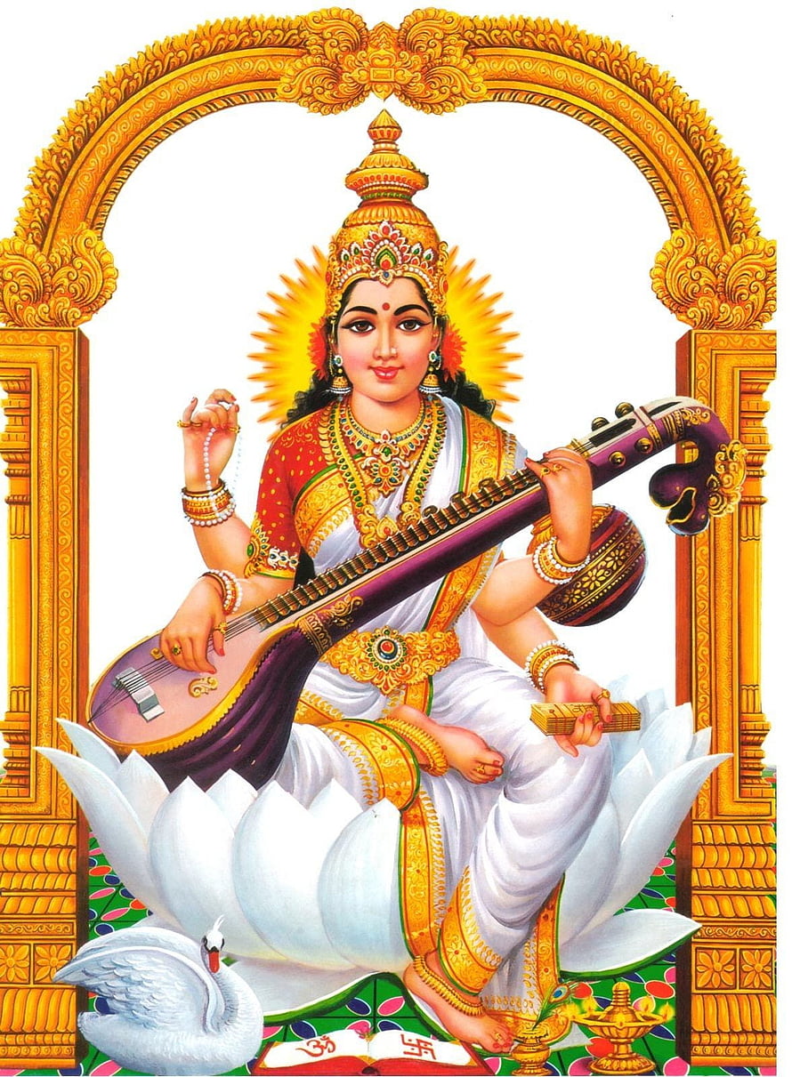 Goddess Saraswati Playing Veena on White Lotus with Ornate Golden Arch HD phone wallpaper