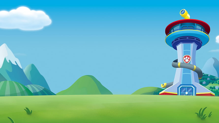 Paw Patrol Lookout Tower in Adventure Bay with Green Hills and Mountains HD wallpaper