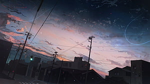 Anime Style Japanese Cityscape at Dusk with Power Lines and Pastel Sky HD wallpaper