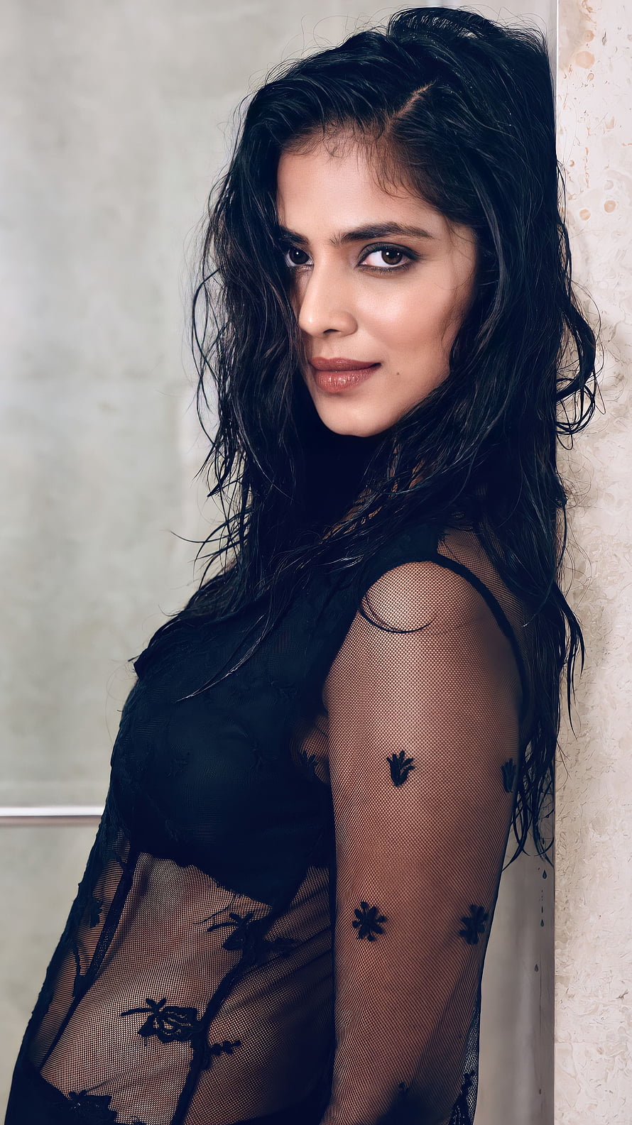 Malavika Mohanan Portrait in Black Sheer Lace Dress with Wet Hair HD phone wallpaper