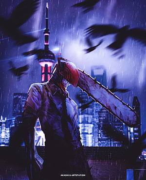 Denji from Chainsaw Man standing in the rain with a chainsaw head against a neon city skyline, Denji | Chainsaw Man, animelover, animefanart, Anime, AnimexReality, animememes, chainsawman, anime, AnimeEdit HD phone wallpaper