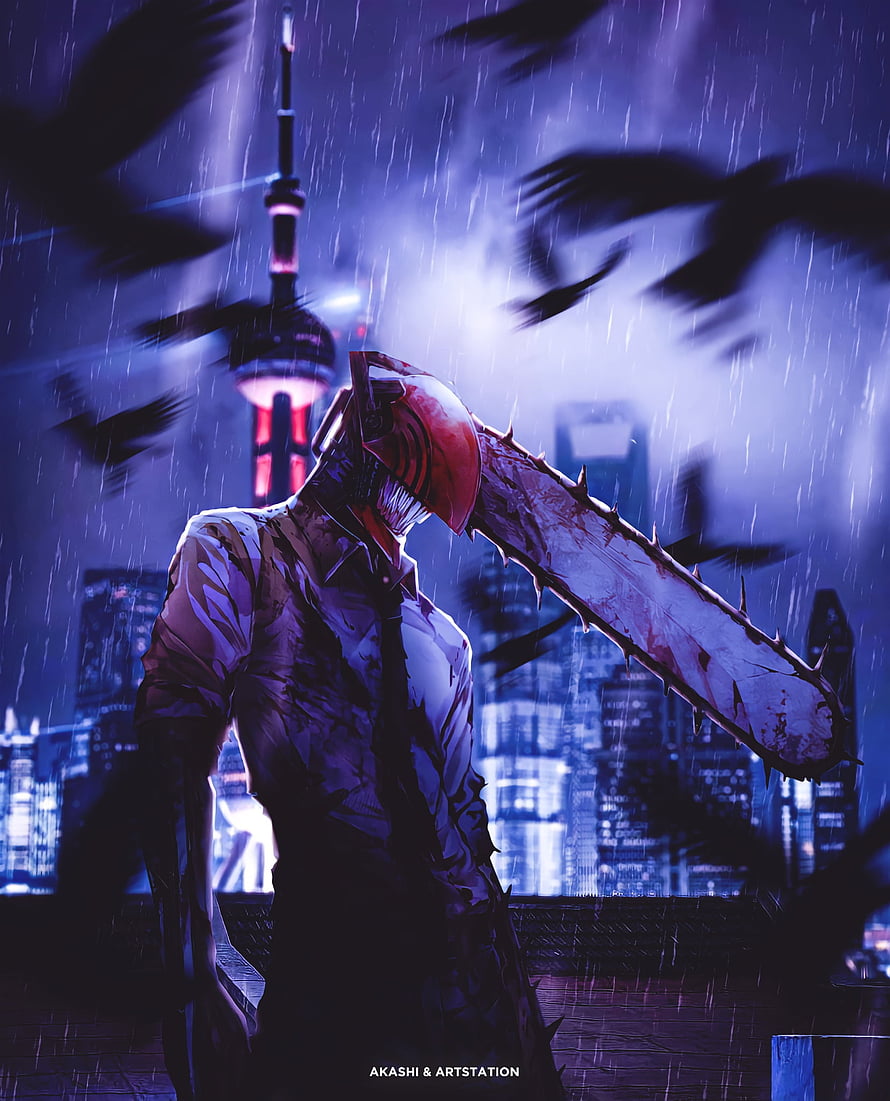 Denji from Chainsaw Man standing in the rain with a chainsaw head against a neon city skyline, Denji | Chainsaw Man, animelover, animefanart, Anime, AnimexReality, animememes, chainsawman, anime, AnimeEdit HD phone wallpaper