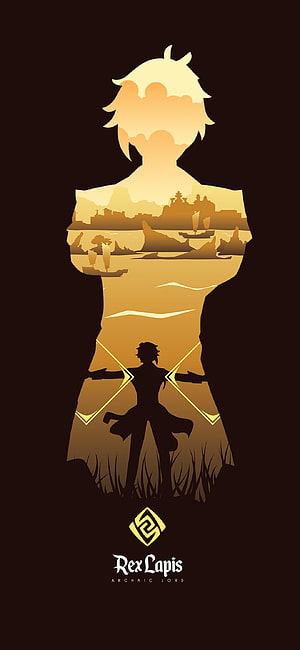 Rex Lapis Archon Silhouette with Liyue Harbor Landscape in Genshin Impact HD phone wallpaper