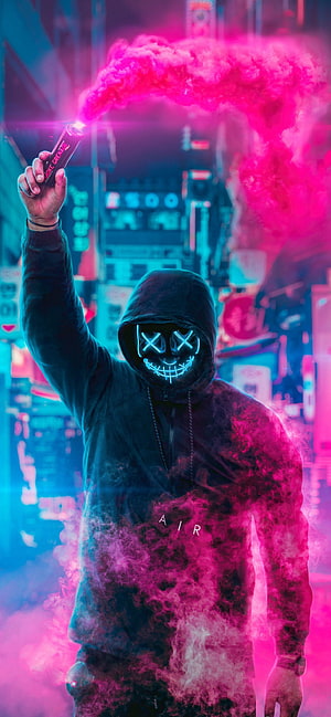 Neon LED Mask Figure Holding Smoke Bomb in Cyberpunk City HD phone wallpaper