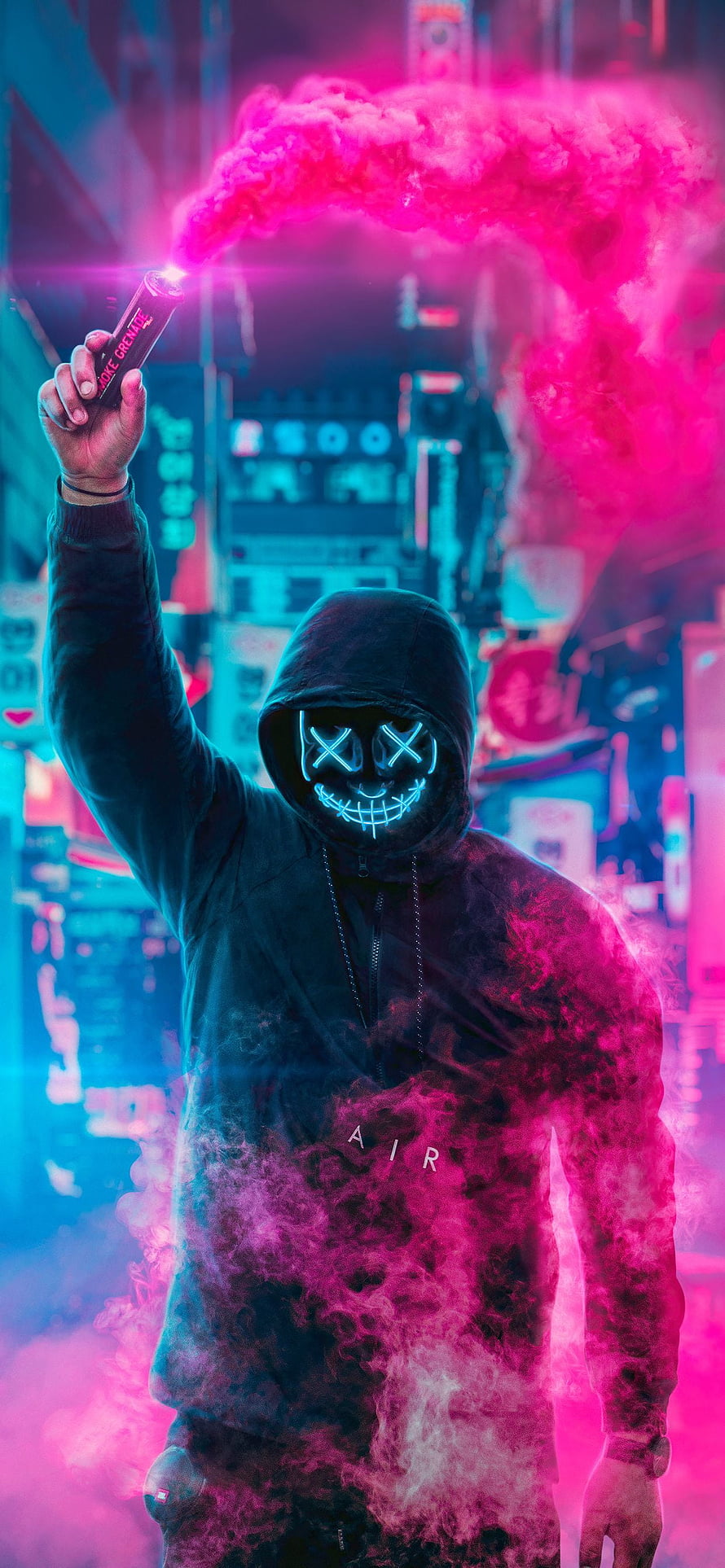 Neon LED Mask Figure Holding Smoke Bomb in Cyberpunk City HD phone wallpaper