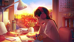 Anime Girl Studying at Desk with Headphones During Sunset HD wallpaper