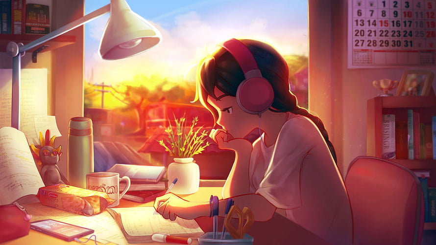 Anime Girl Studying at Desk with Headphones During Sunset HD wallpaper
