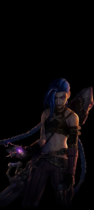 Jinx from League of Legends with blue braided hair and glowing weapon HD phone wallpaper