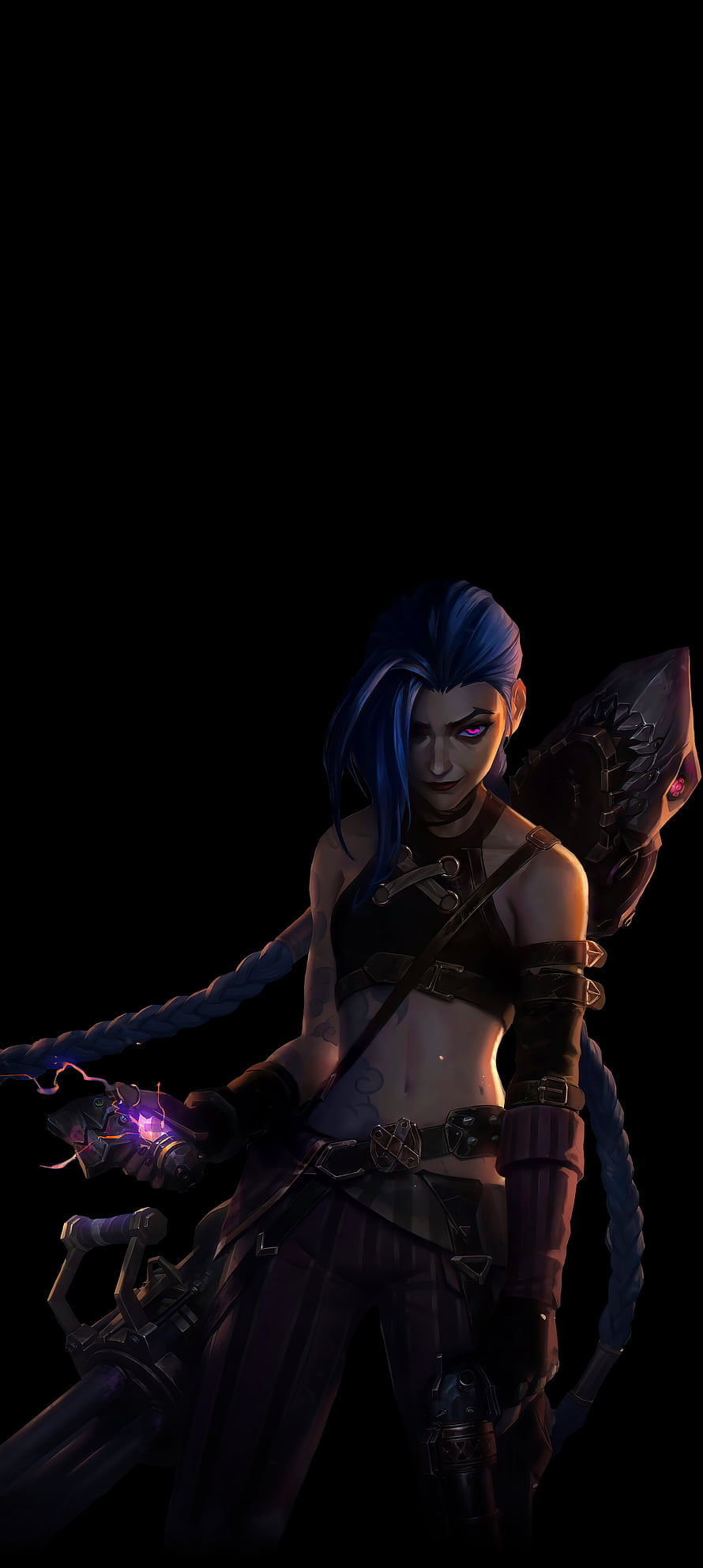 Jinx from League of Legends with blue braided hair and glowing weapon HD phone wallpaper