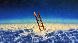 Surreal Burning Ladder Rising Above Clouds Into Starry Night Sky HD wallpaper