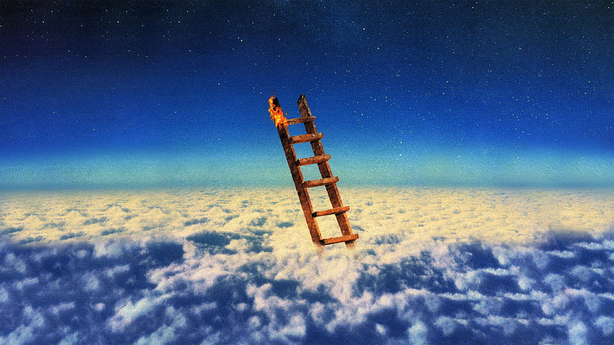 Surreal Burning Ladder Rising Above Clouds Into Starry Night Sky HD wallpaper