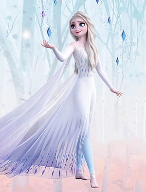 Elsa from Frozen 2 in her magical white ice dress creating snowflakes in a mystical forest HD phone wallpaper