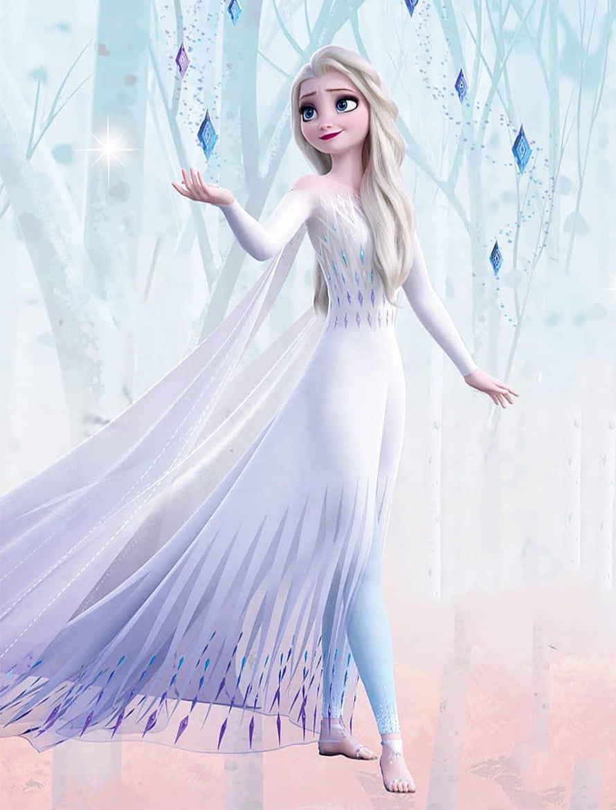 Elsa from Frozen 2 in her magical white ice dress creating snowflakes in a mystical forest HD phone wallpaper